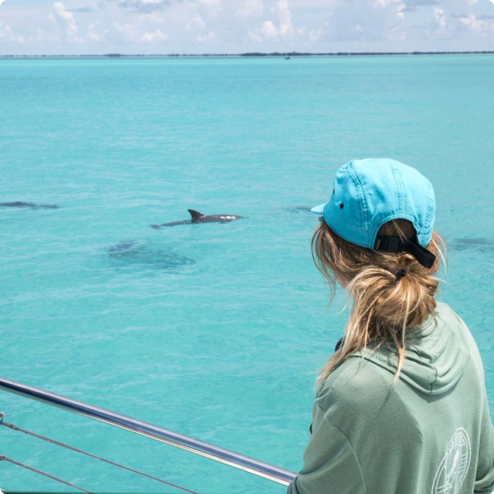A guest in a blue cap and sun hoodie leaning on the rail watching a dolphin surface a few yards off the boat