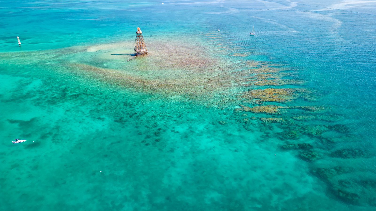 Aerial view of the shallow reef at Sand Key, with brown coral heads, a sandbar and deep blue water beyond